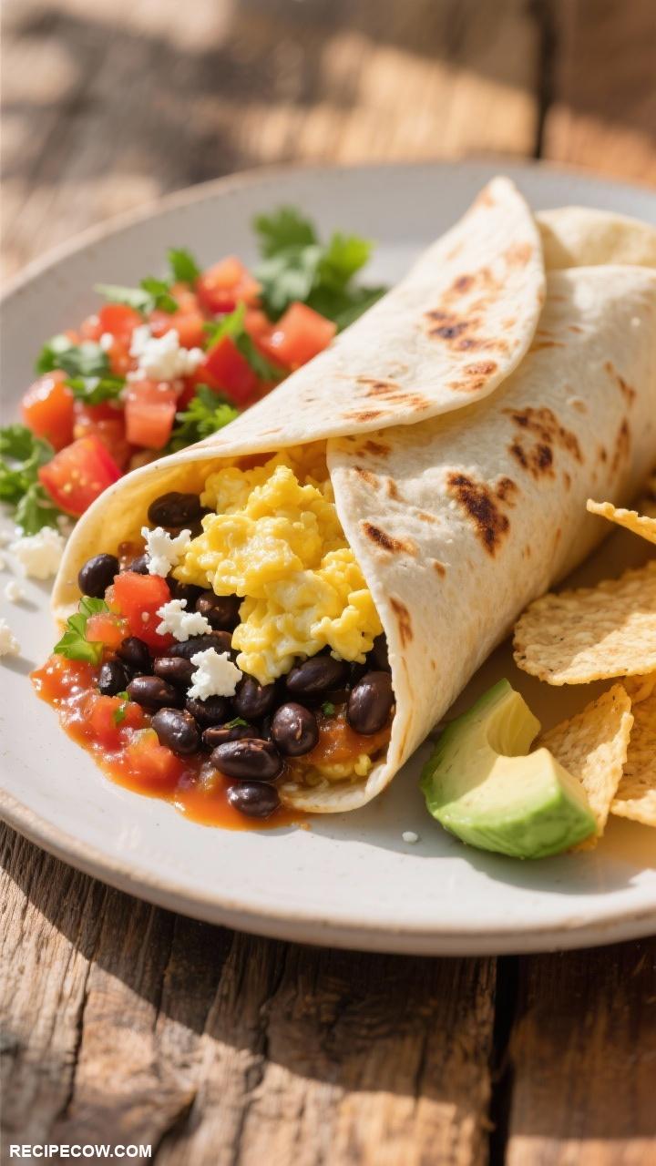 brunch ideas Breakfast Burrito with Scrambled Eggs Black Beans and Salsa