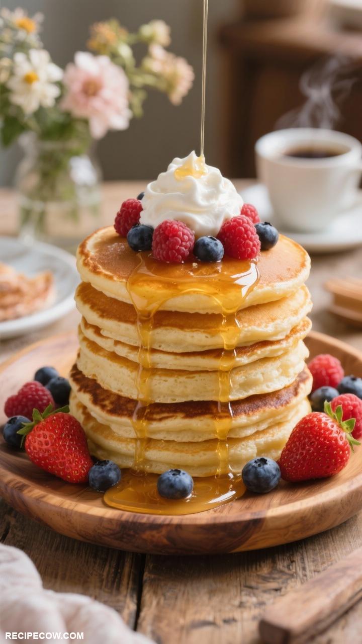 brunch ideas Fluffy Buttermilk Pancakes with Maple Syrup and Fresh Berries