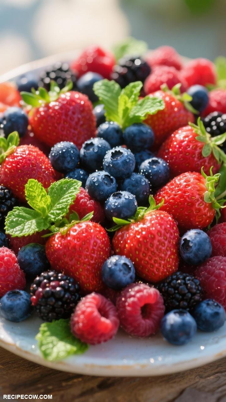 fruit platters Berry Bonanza A colorful assortment of strawberries blueberries raspberries and blackberries garnished with mint leaves