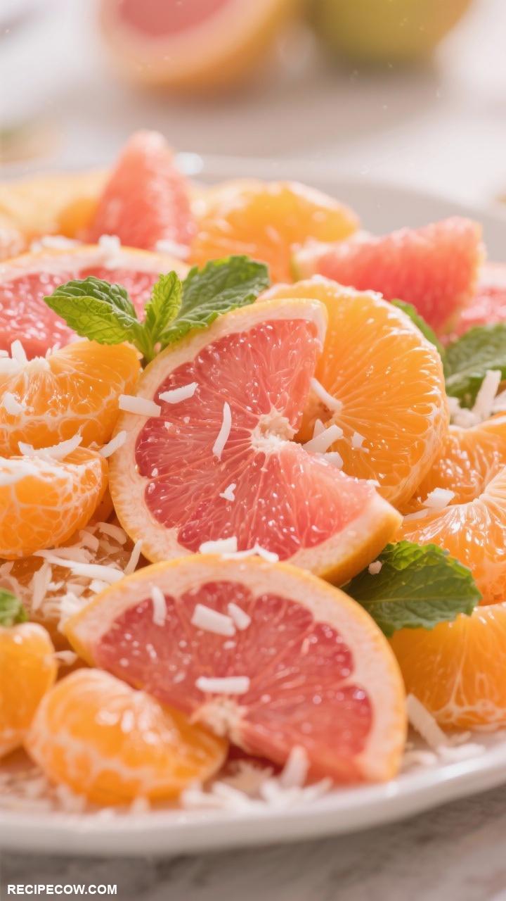 fruit platters Citrus Delight An arrangement of orange grapefruit and tangerine segments with a sprinkle of coconut flakes