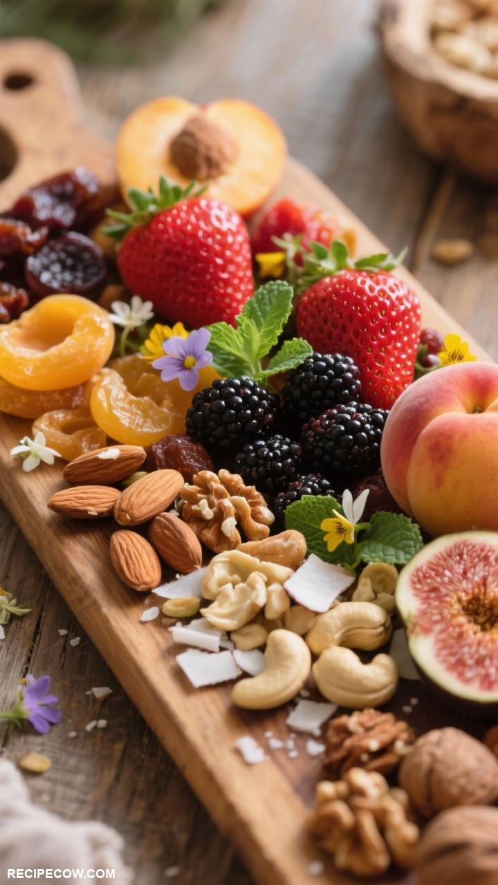 fruit platters Fruit and Nut Board A rustic arrangement of seasonal fruits mixed nuts and dried fruits for a wholesome snack option