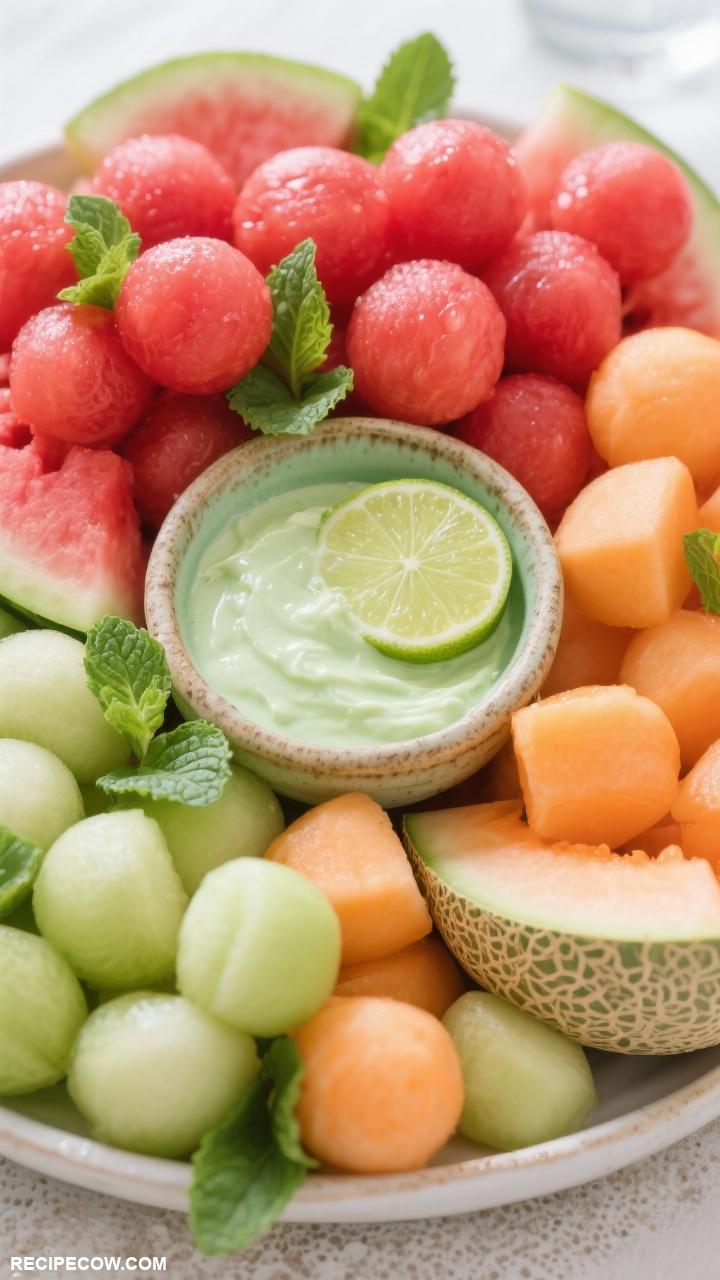 fruit platters Melon Extravaganza A refreshing platter featuring watermelon cantaloupe and honeydew balls served with a lime dip