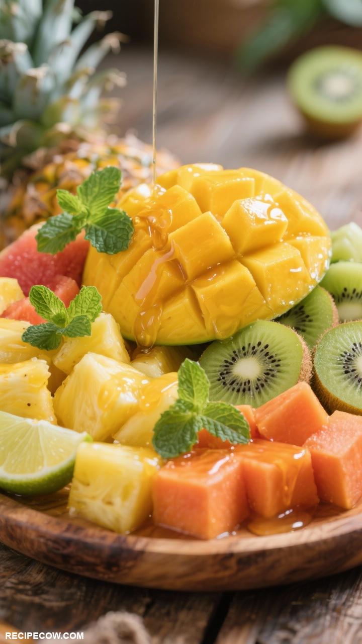 fruit platters Tropical Fruit Medley A vibrant mix of mango pineapple kiwi and papaya served with a honey lime dressing