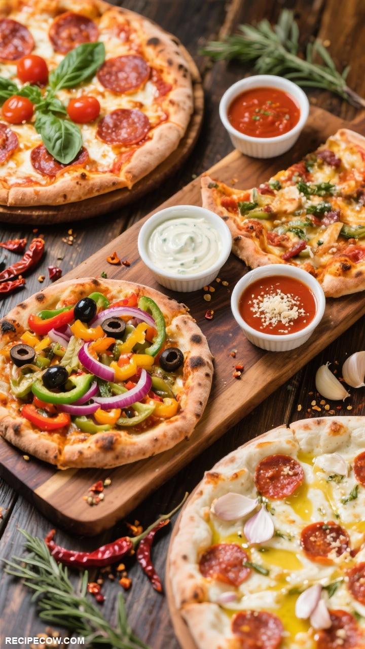 party boards Pizza Board with Various Toppings and Dipping Sauces