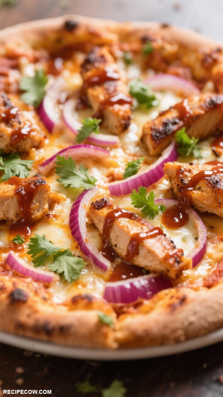 pizza recipes BBQ Chicken Pizza Grilled chicken red onions cilantro and barbecue sauce over a cheesy base