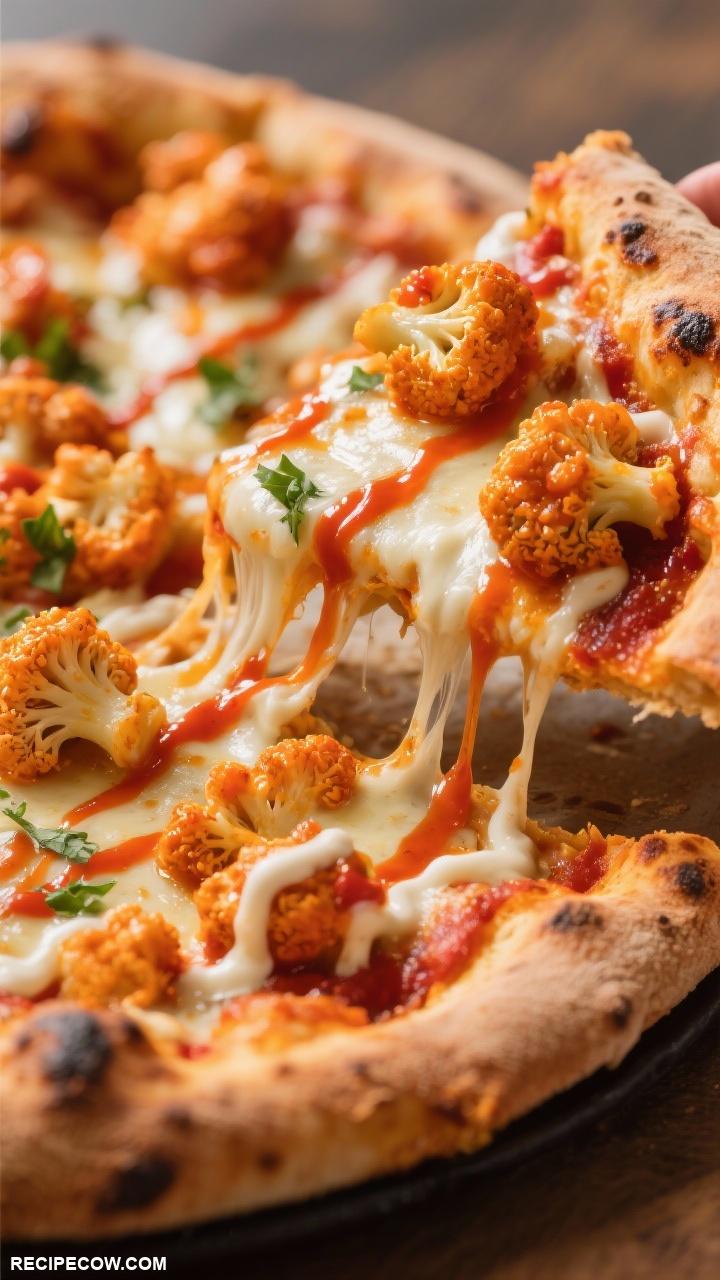 pizza recipes Buffalo Cauliflower Pizza Spicy buffalo cauliflower mozzarella and ranch drizzle on a crisp crust