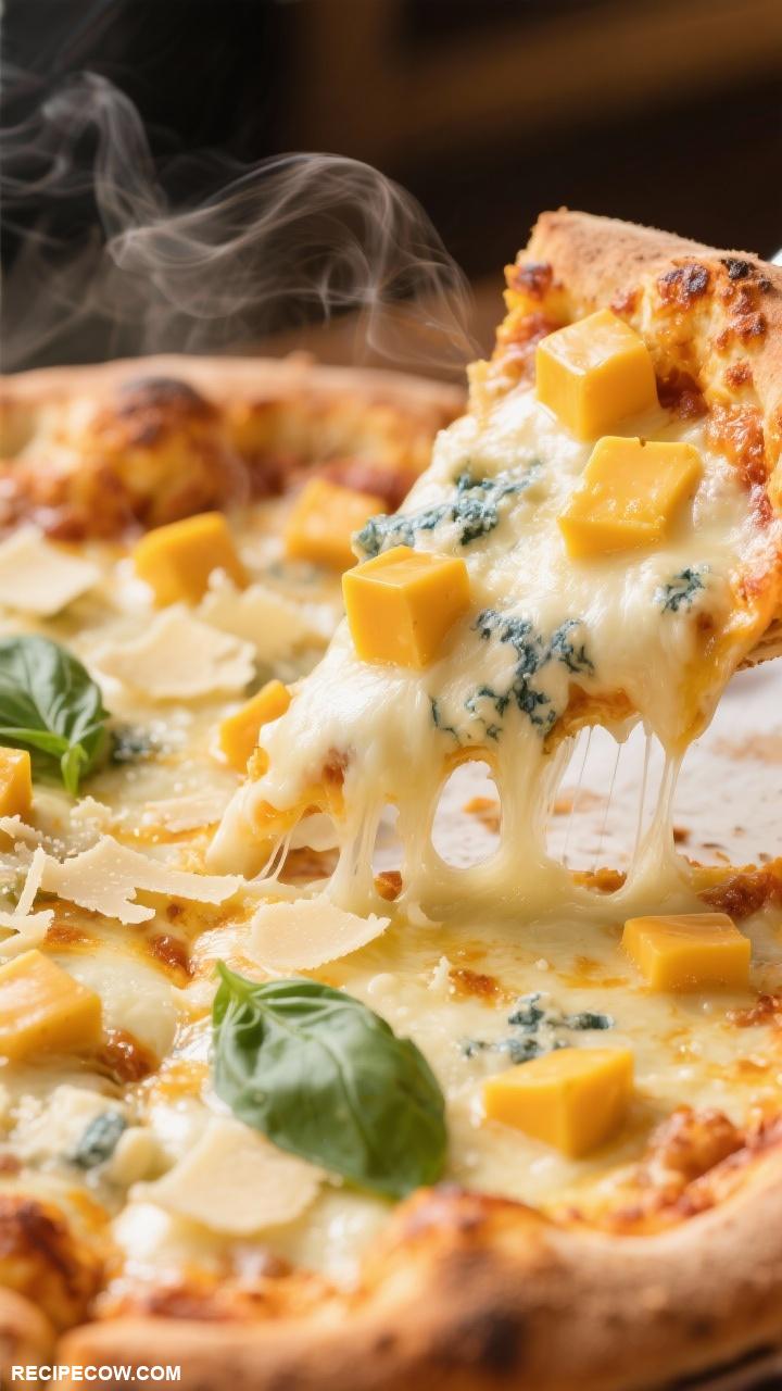 pizza recipes Four Cheese Pizza A delicious blend of mozzarella cheddar gorgonzola and parmesan cheeses