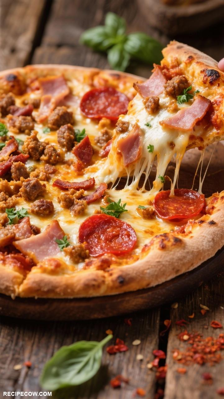 pizza recipes Meat Lovers Pizza A hearty mix of sausage bacon pepperoni and ham over a cheesy base