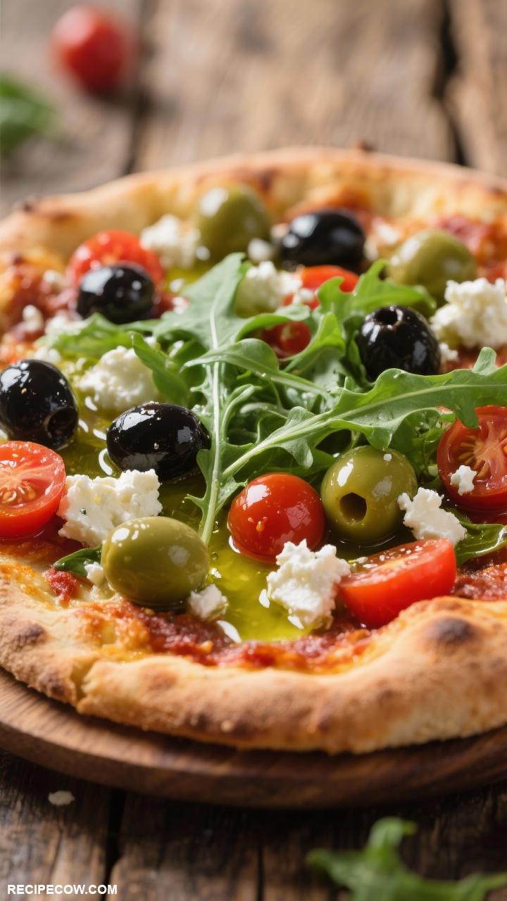 pizza recipes Mediterranean Flatbread Pizza Topped with olives feta tomatoes and arugula drizzled with olive oil