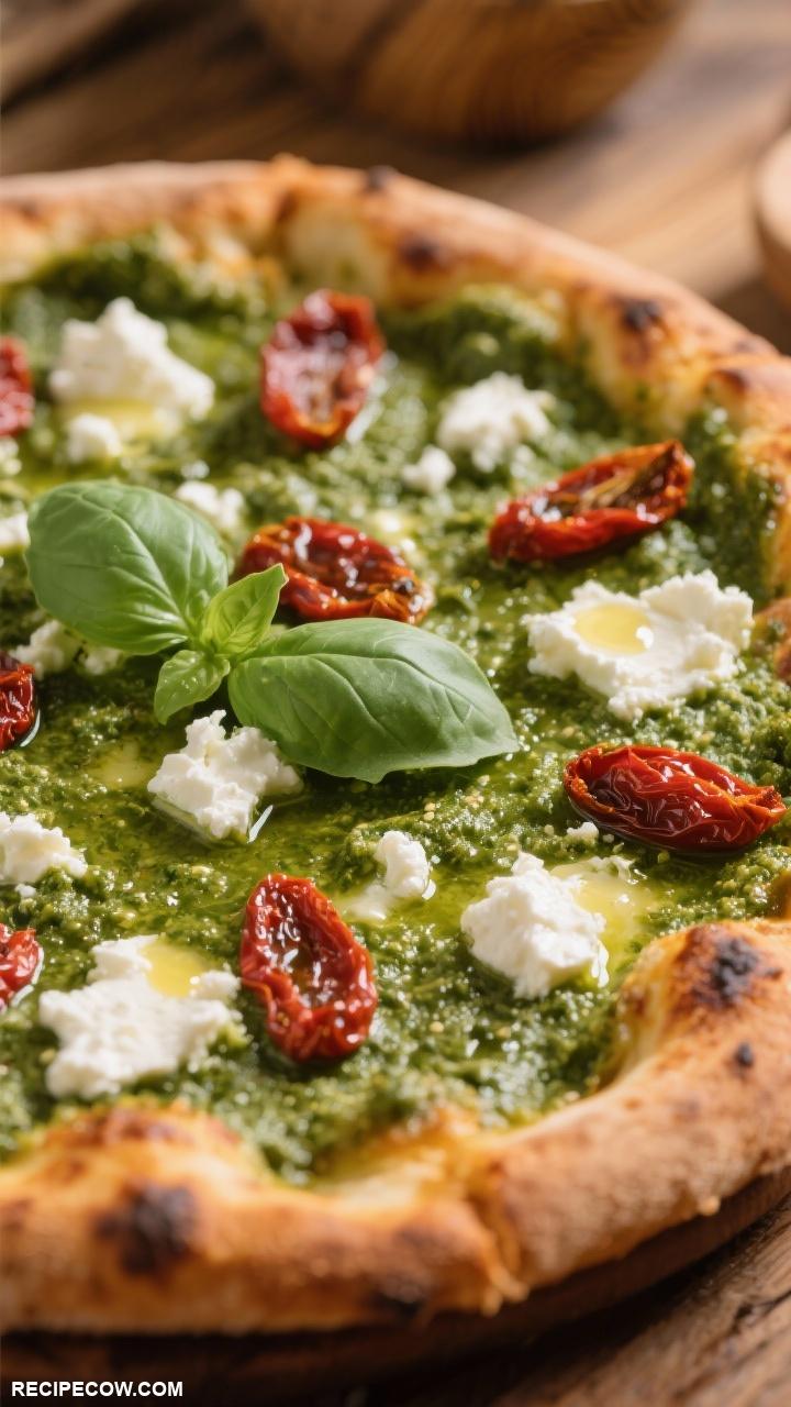pizza recipes Pesto and Goat Cheese Pizza A tangy combination of pesto sauce goat cheese and sun dried tomatoes