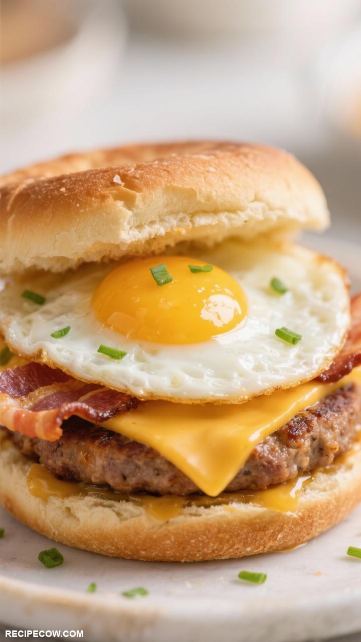sandwich recipes Breakfast Sandwich Fried eggs bacon or sausage and cheese on a toasted English muffin