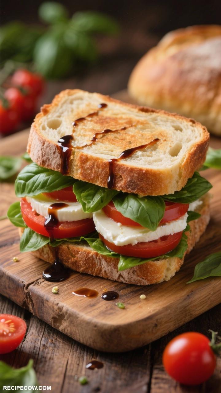 sandwich recipes Caprese Sandwich Fresh mozzarella tomatoes and basil drizzled with balsamic glaze on ciabatta