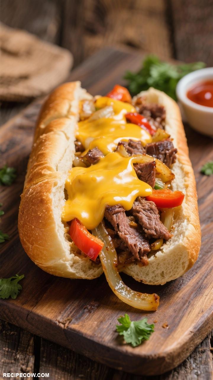 sandwich recipes Philly Cheesesteak Thinly sliced beef and sautyed onions and peppers topped with melted cheese in a hoagie roll