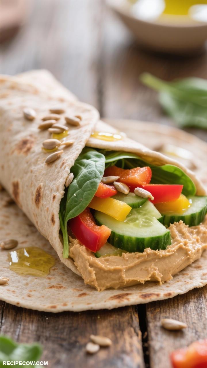 sandwich recipes Veggie Hummus Wrap A whole wheat tortilla filled with hummus cucumbers bell peppers and spinach