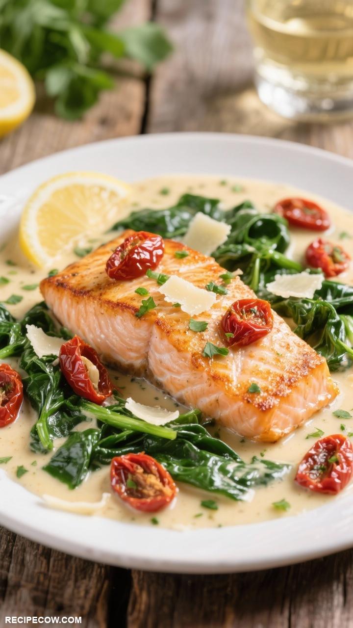 seafood recipes Creamy Tuscan Salmon with Spinach and Sun Dried Tomatoes