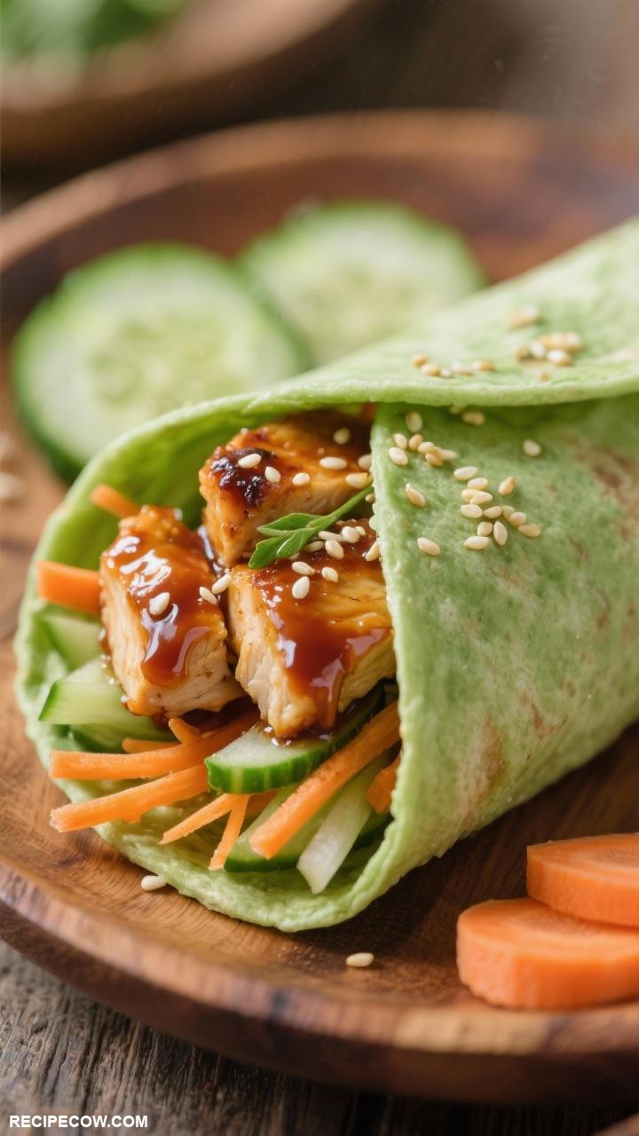 wrap recipes Asian Chicken Wrap Teriyaki chicken shredded carrots cucumber and sesame dressing in a soy wrap
