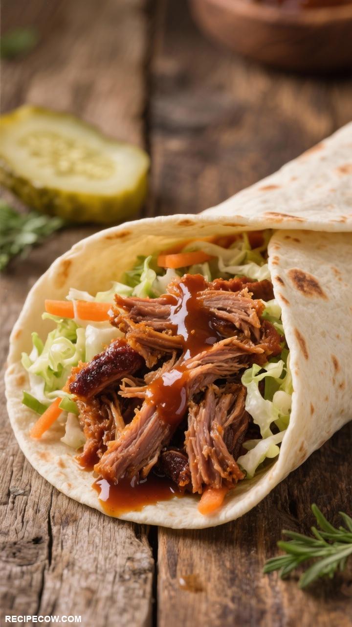 wrap recipes BBQ Pulled Pork Wrap Slow cooked pulled pork coleslaw and BBQ sauce wrapped in a flour tortilla