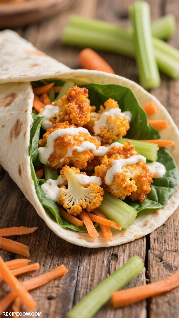 wrap recipes Buffalo Cauliflower Wrap Crispy buffalo cauliflower shredded carrots celery and ranch dressing in a spinach wrap