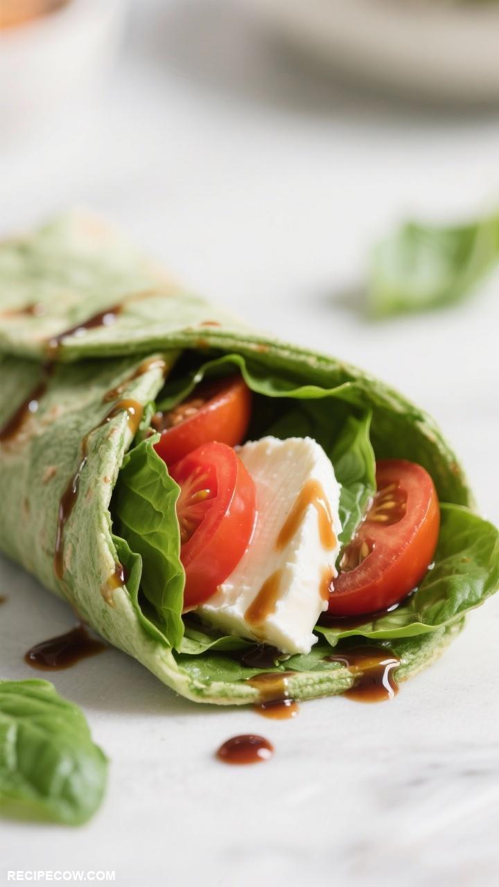 wrap recipes Caprese Wrap Fresh mozzarella tomatoes basil and balsamic glaze in a spinach wrap