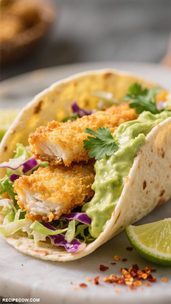 wrap recipes Crispy Fish Taco Wrap Beer battered fish cabbage slaw and a zesty avocado crema in a corn tortilla