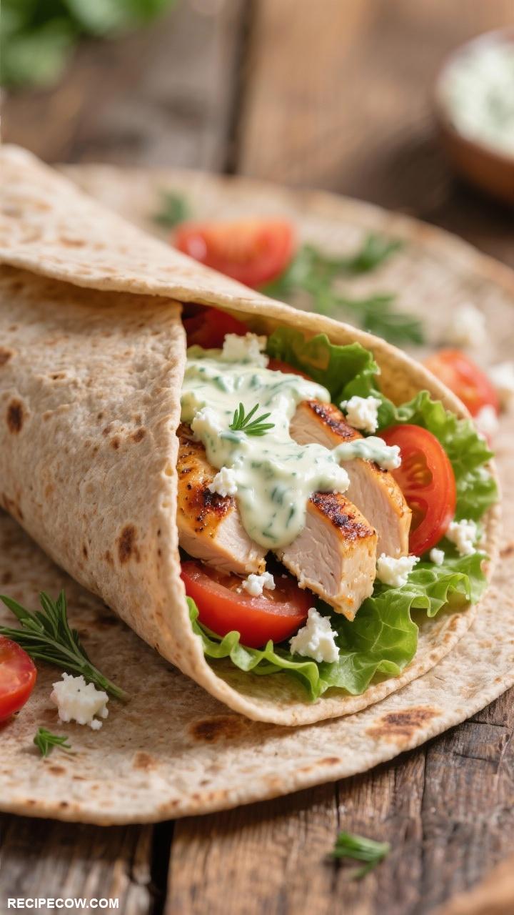 wrap recipes Mediterranean Chicken Wrap Grilled chicken tzatziki sauce lettuce tomatoes and feta cheese wrapped in a whole wheat tortilla