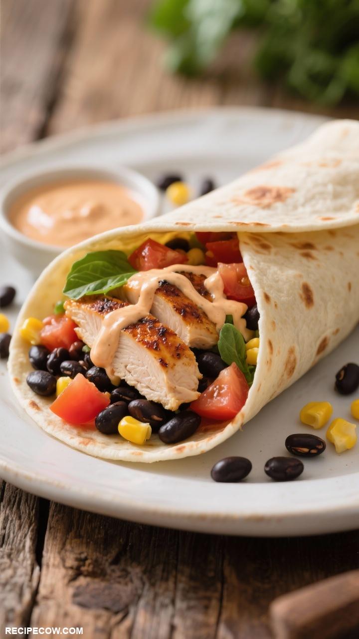 wrap recipes Southwest Chicken Wrap Grilled chicken black beans corn diced tomatoes and chipotle ranch in a tomato basil wrap