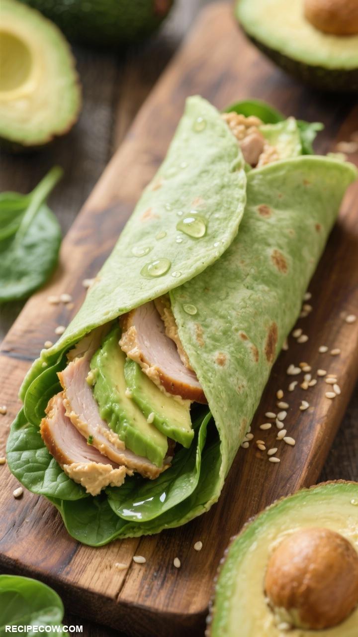 wrap recipes Turkey Avocado Wrap Sliced turkey avocado spinach and hummus in a spinach tortilla