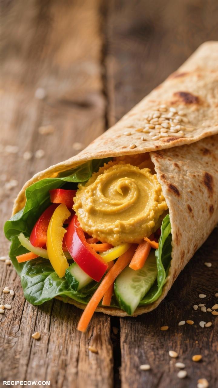 wrap recipes Veggie Hummus Wrap A mix of bell peppers cucumbers carrots spinach and hummus in a whole grain wrap