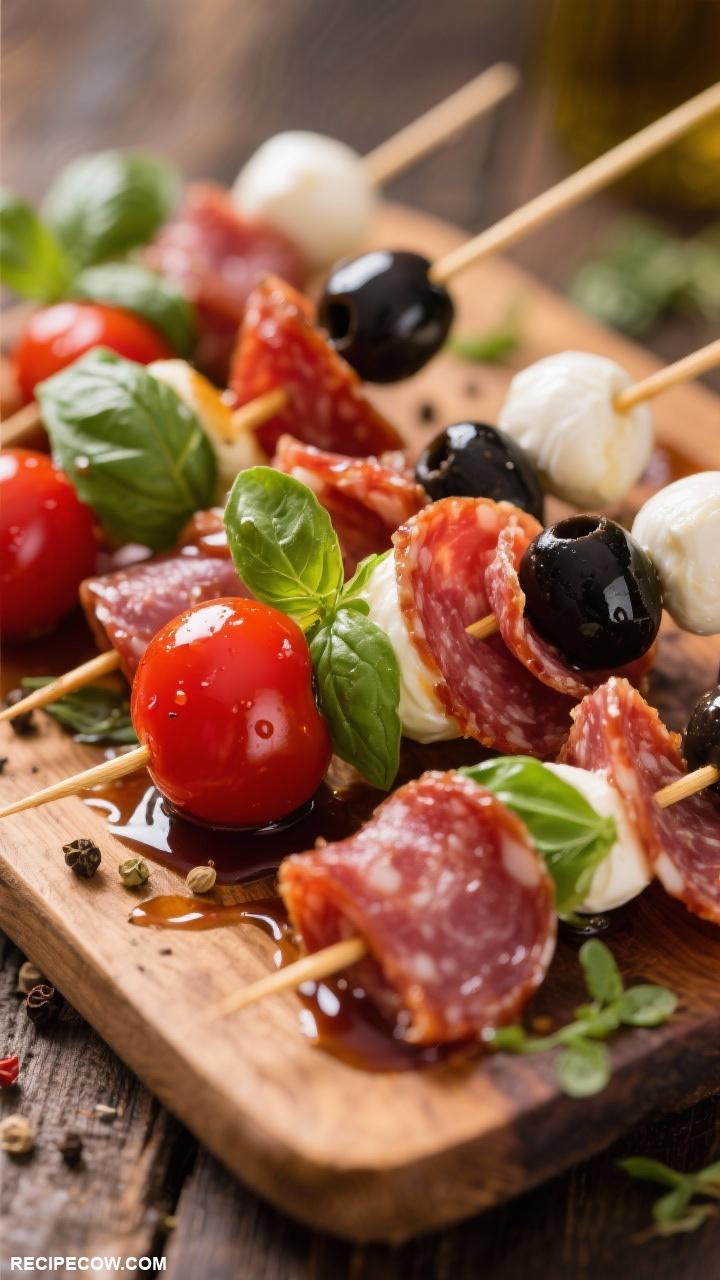 Finger food appetizers Antipasto Skewers with Salami