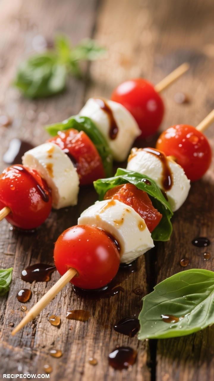 Quick appetizers Caprese Skewers with Balsamic Glaze