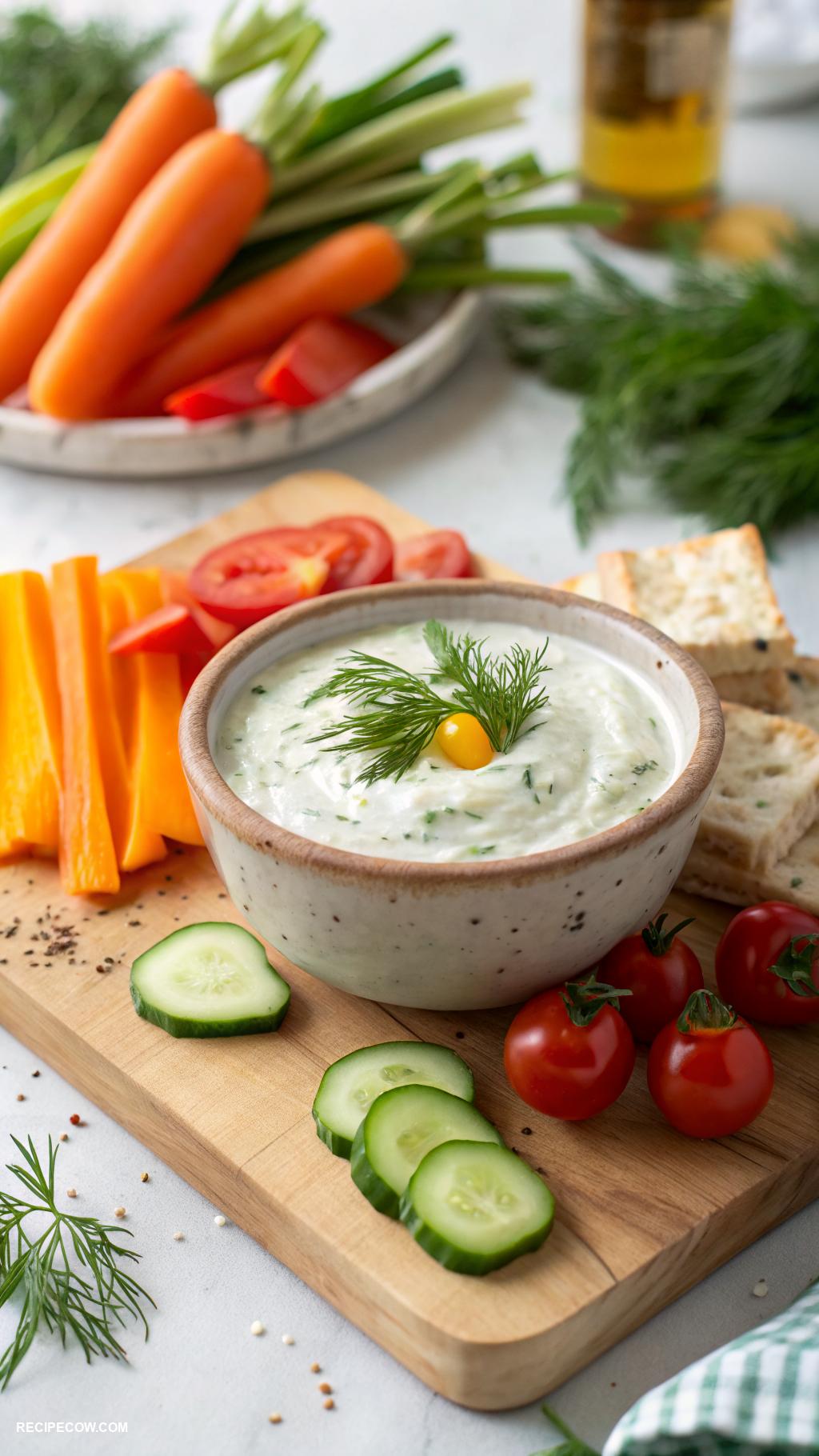 Appetizer dips Herbed yogurt dip with fresh vegetables