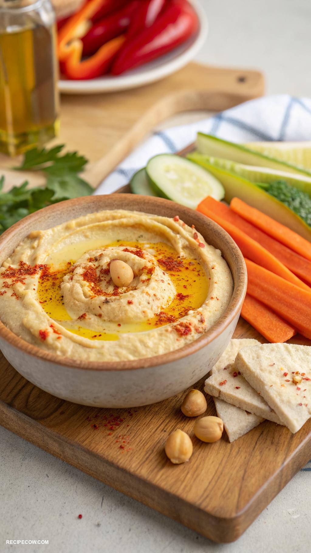 Appetizer dips Hummus topped with olive oil and paprika