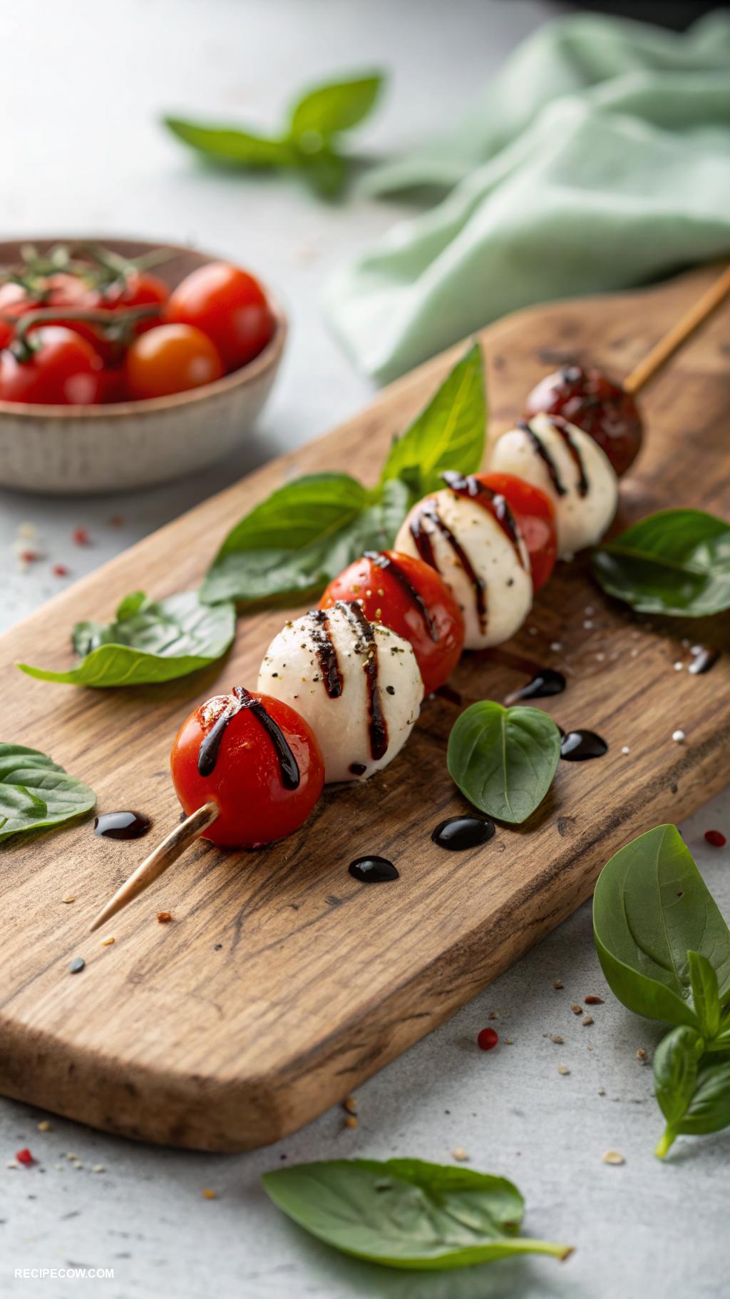 Cold appetizers Caprese skewers with fresh basil and mozzarella