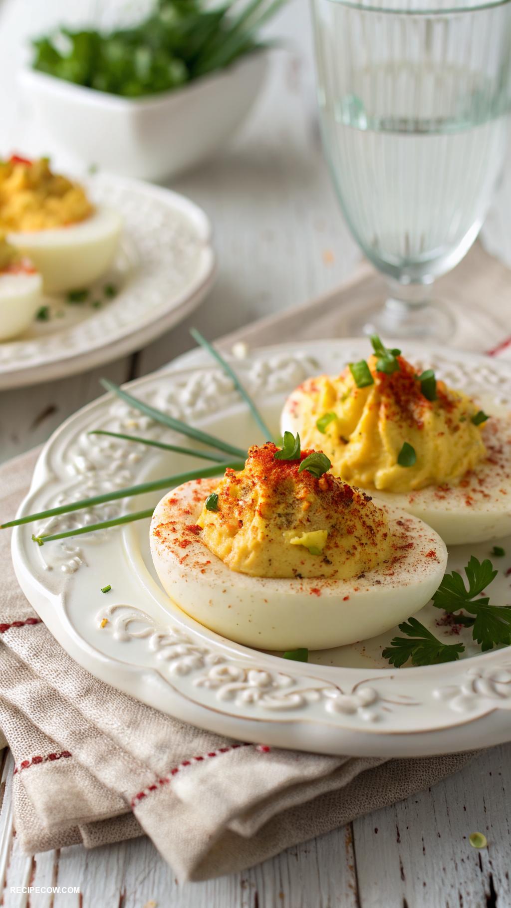 Cold appetizers Deviled eggs topped with paprika and chives