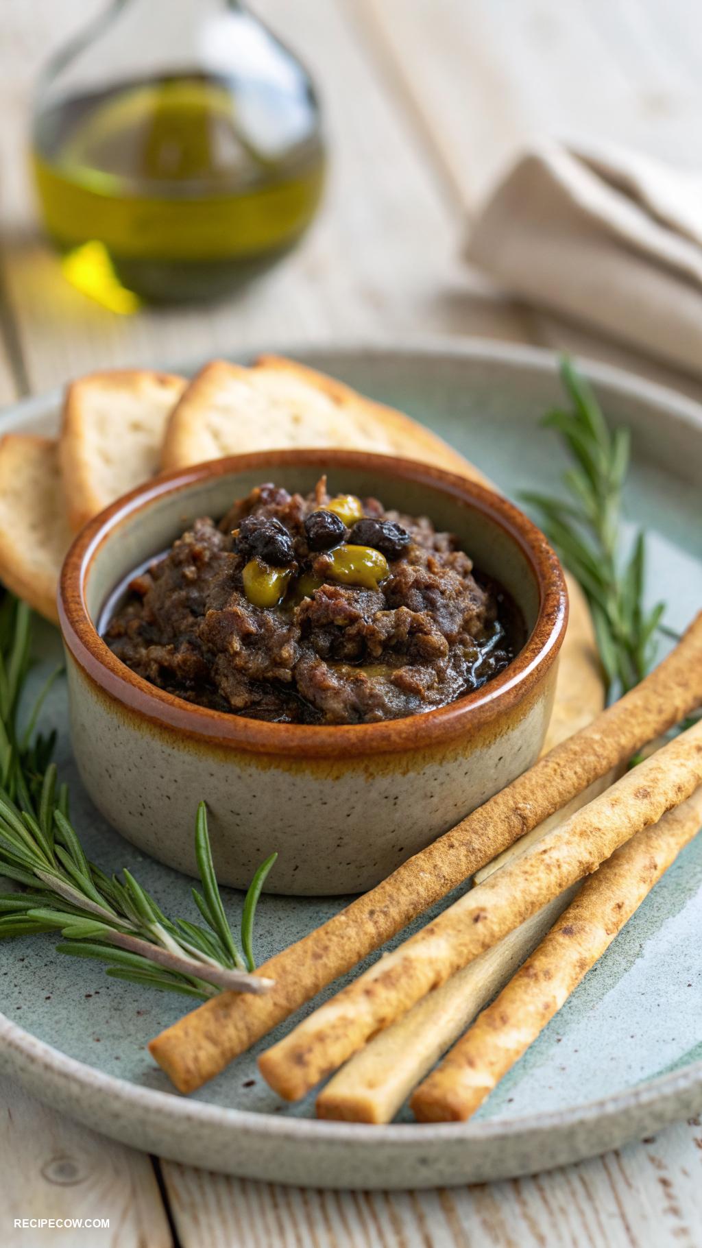 Cold appetizers Olive tapenade served with crispy breadsticks