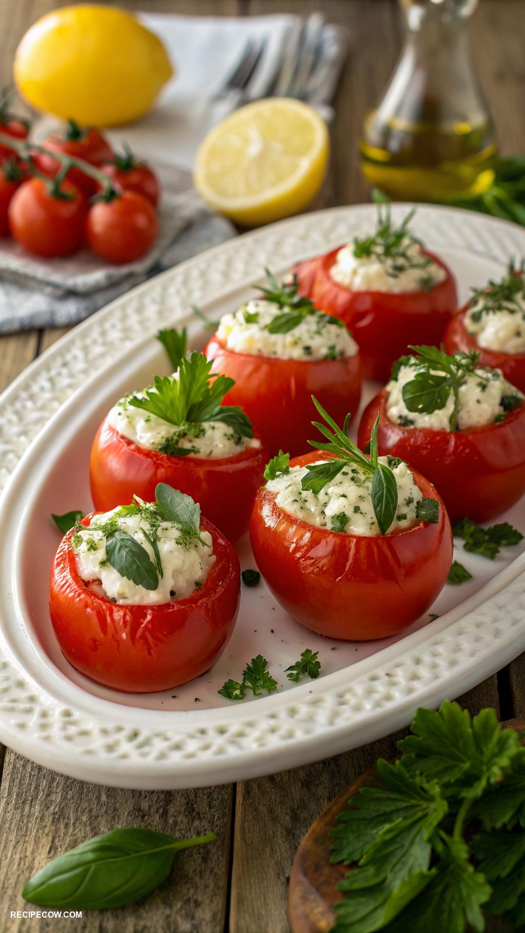 Cold appetizers Stuffed cherry tomatoes with feta and herbs