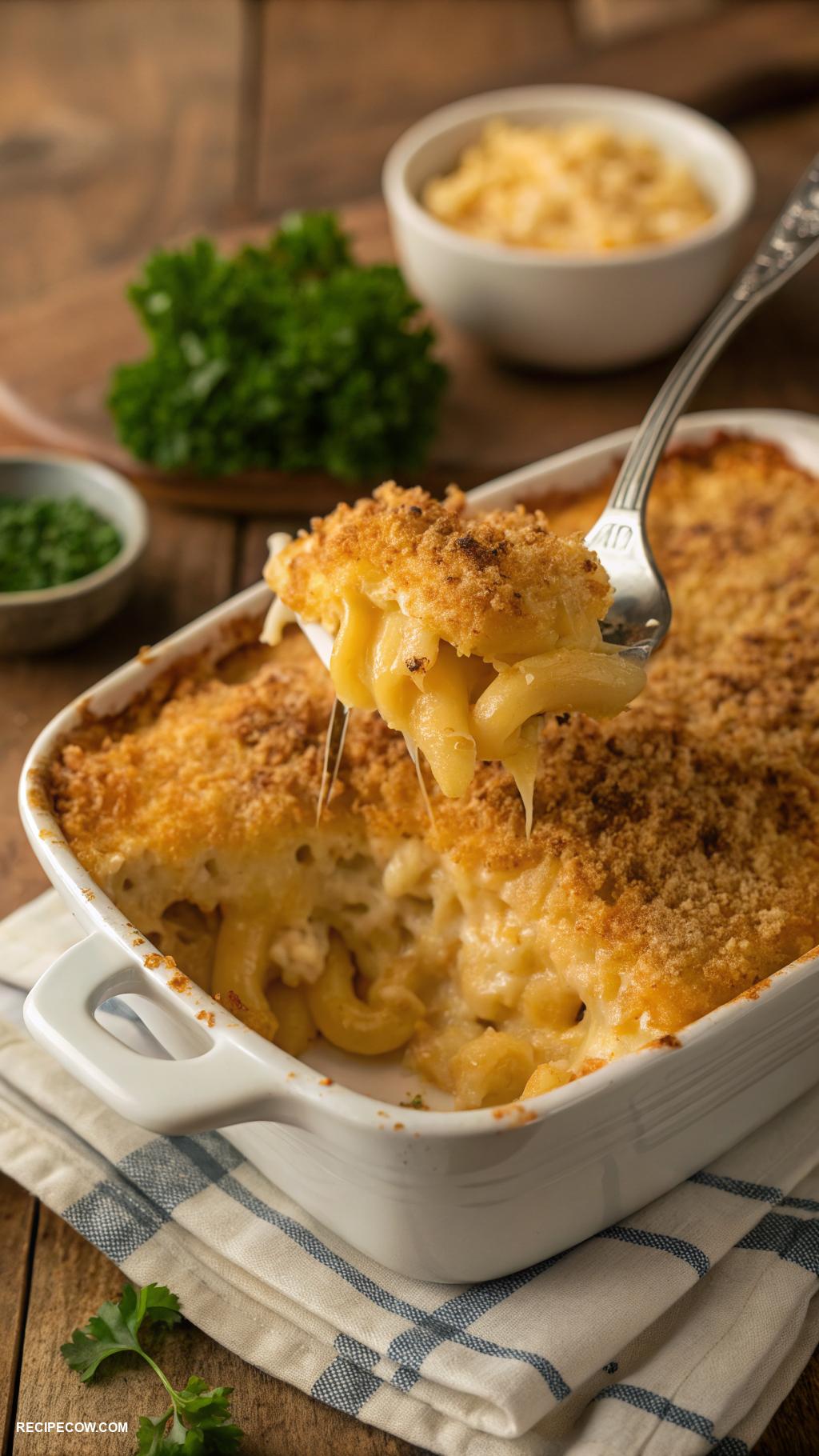 Comfort food side dishes Cheesy macaroni with crispy breadcrumbs on top