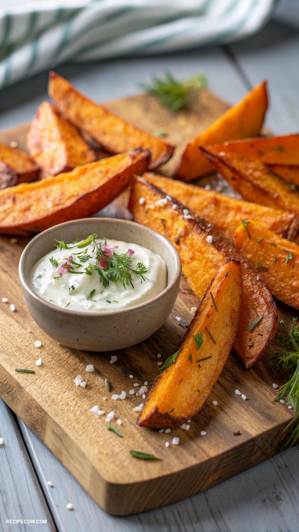 Healthy appetizers Baked sweet potato wedges with yogurt dip