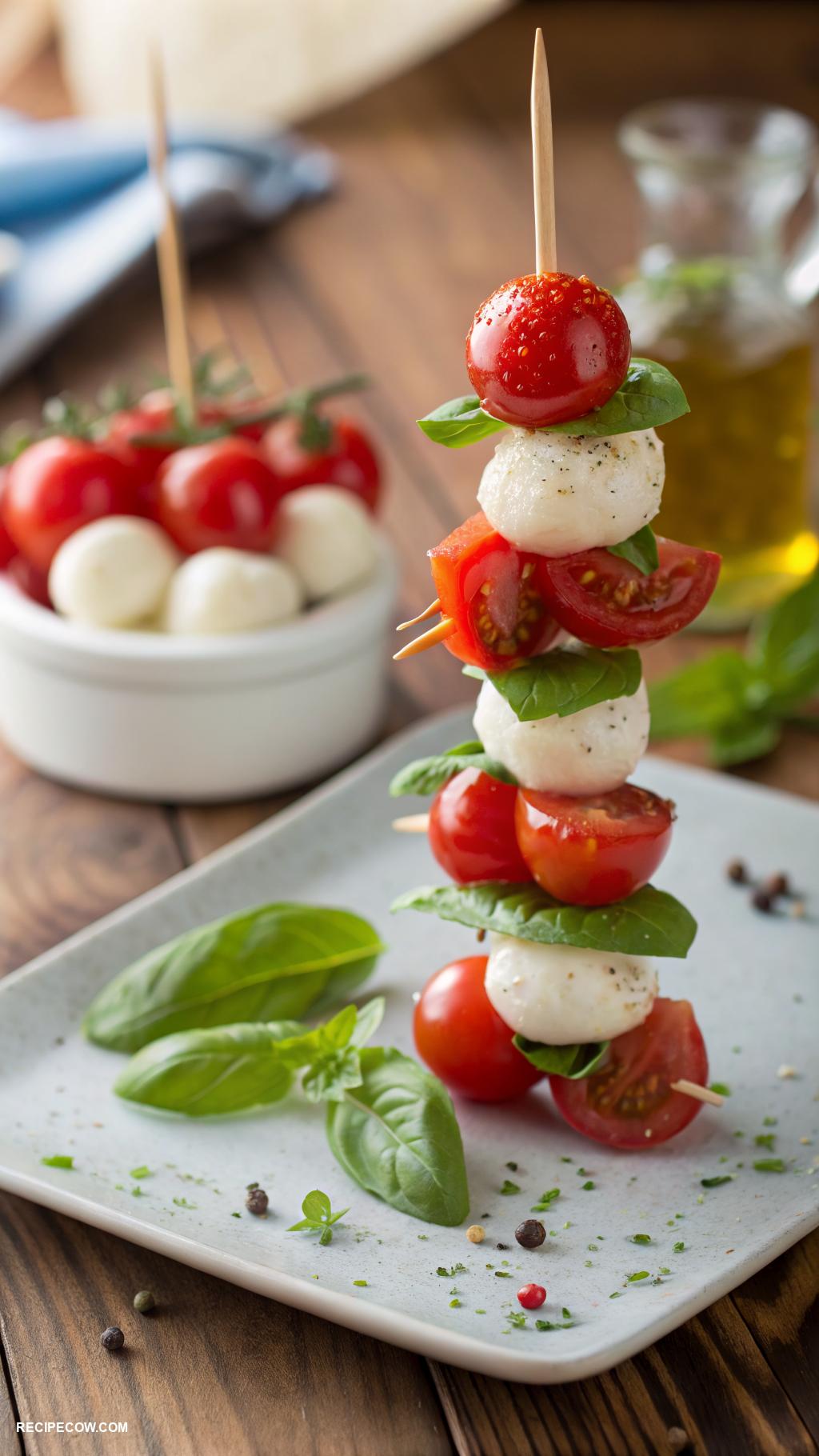 Healthy appetizers Caprese skewers with cherry tomatoes and basil