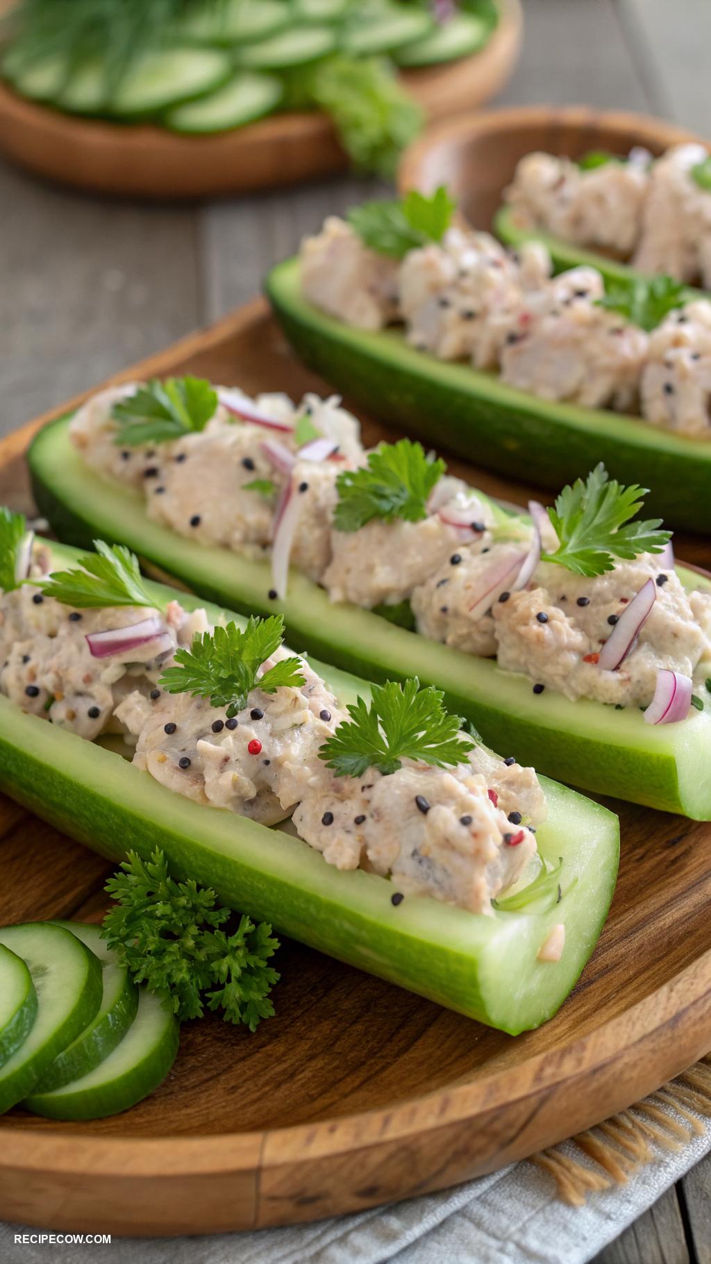 Healthy appetizers Cucumber boats filled with tuna salad
