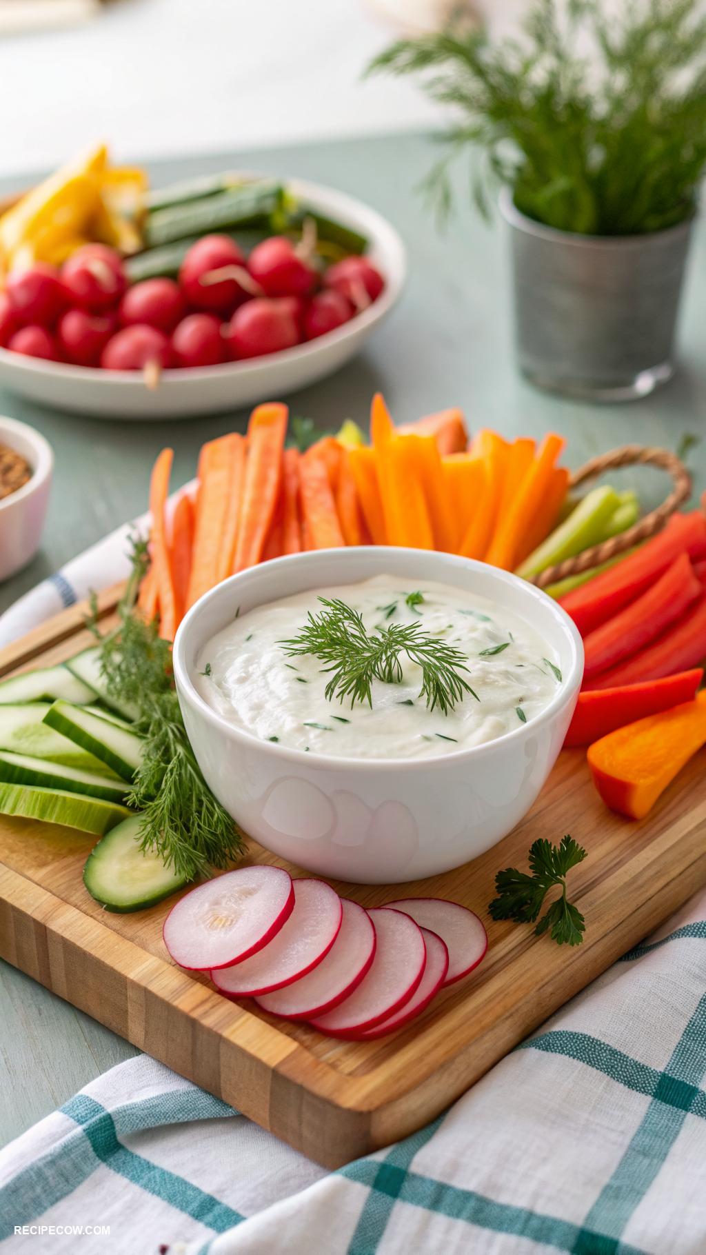 Healthy appetizers Greek yogurt dip with assorted vegetable sticks