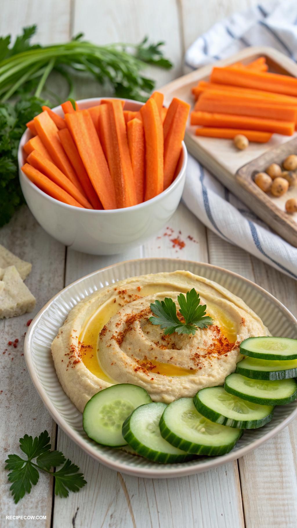 Healthy appetizers Hummus with carrot and cucumber sticks