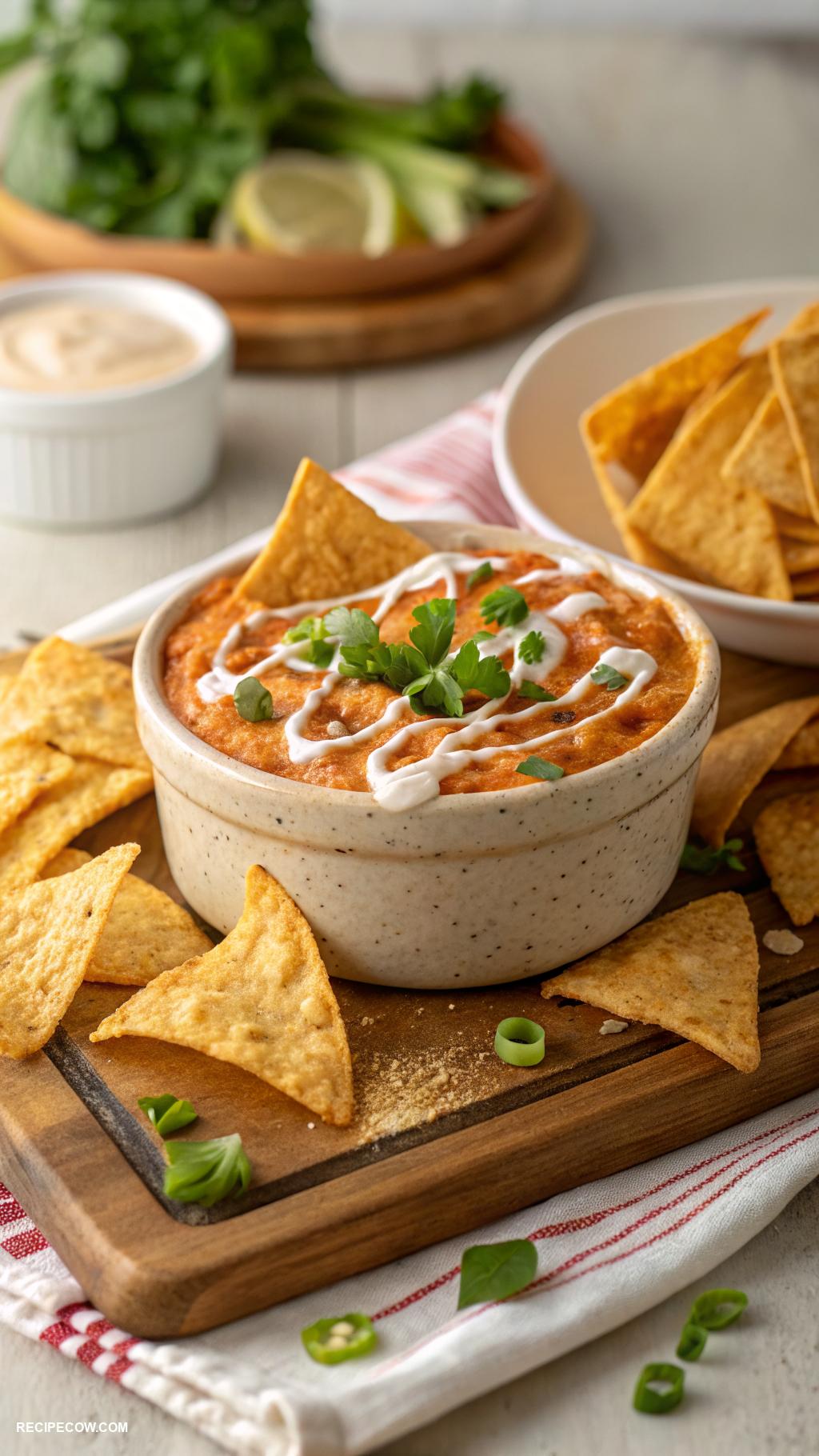 Hot appetizers Buffalo chicken dip with tortilla chips