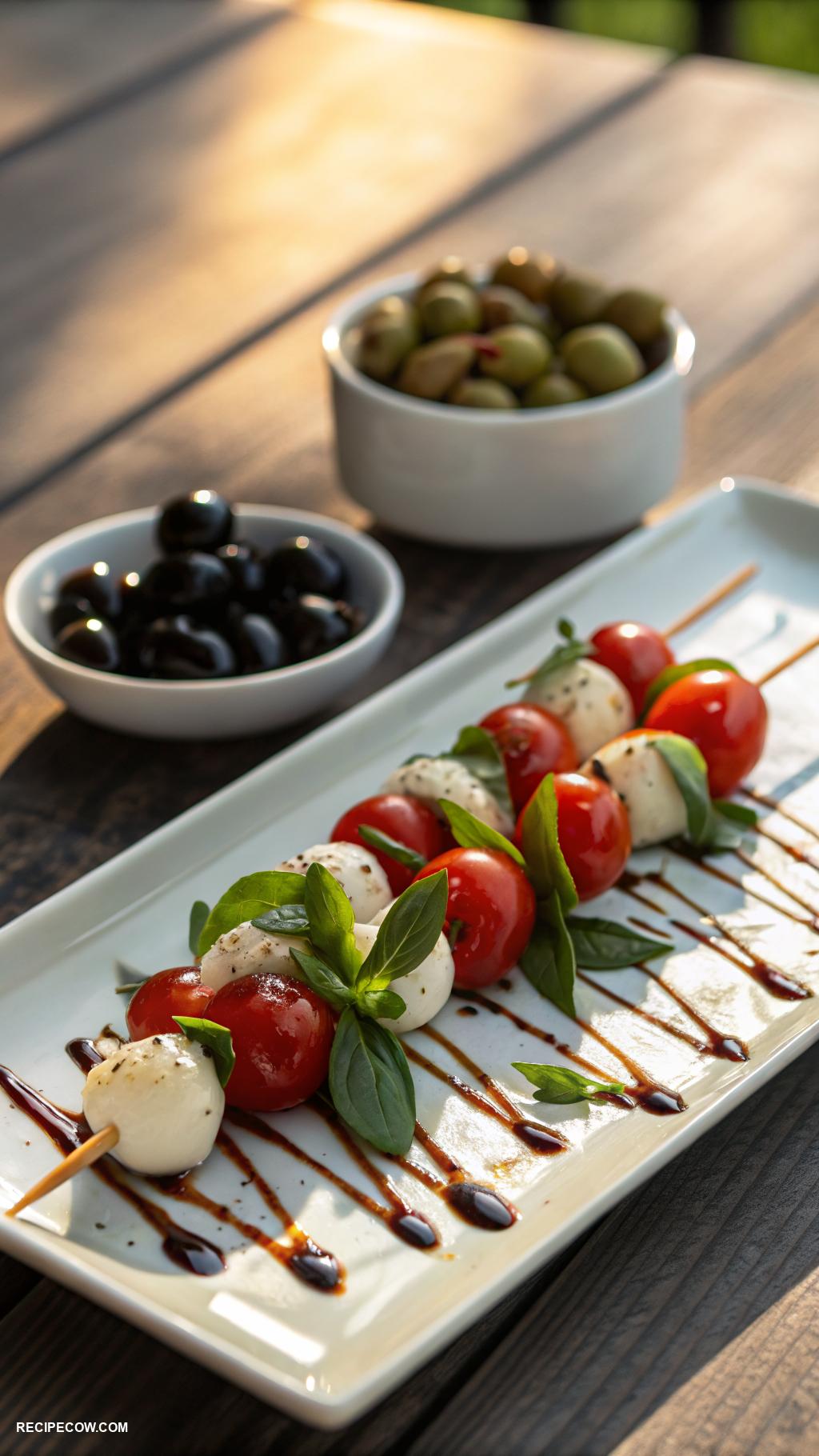 Hot appetizers Caprese skewers with balsamic glaze
