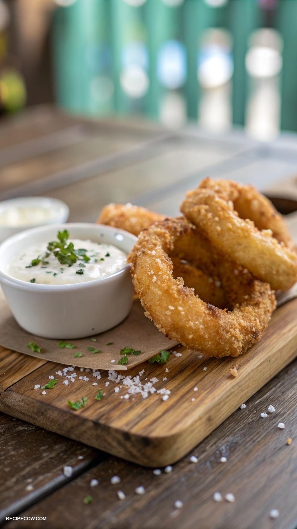 Hot appetizers Crispy onion rings with dipping sauce