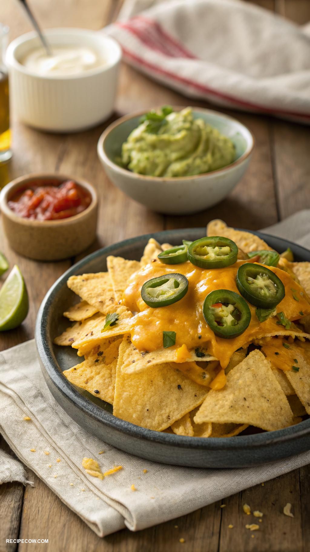 Hot appetizers Nachos topped with cheese and jalapeyos