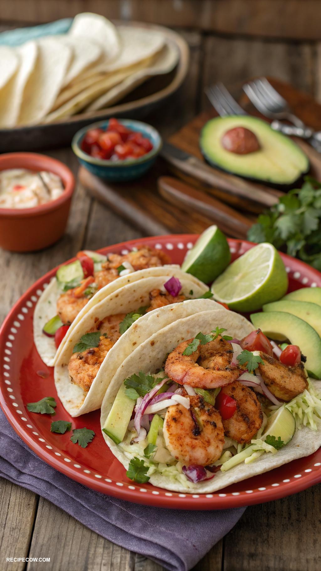 Hot appetizers Spicy shrimp tacos with lime crema
