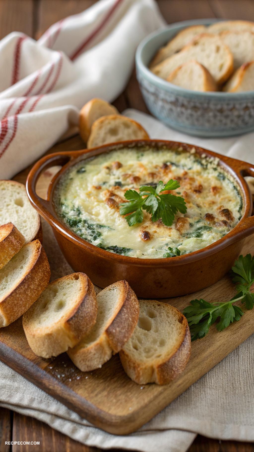 Hot appetizers Spinach and artichoke dip with bread