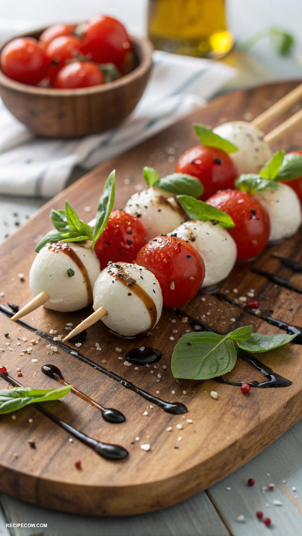 Low carb appetizers Caprese skewers with mozzarella basil and tomatoes
