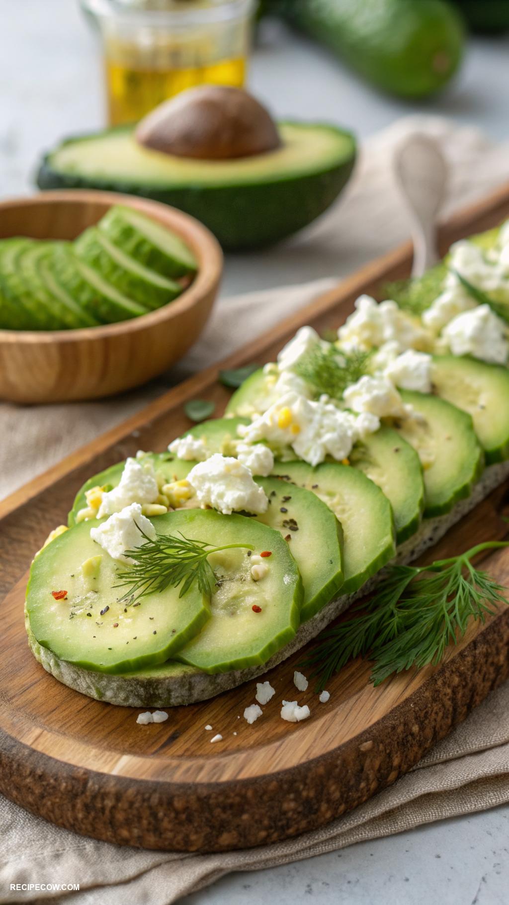 Low carb appetizers Cucumber slices with avocado and feta spread